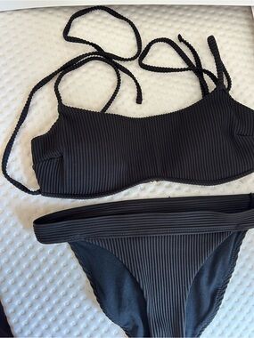 Hollister Black Ribbed Bikini Set with Braided Straps